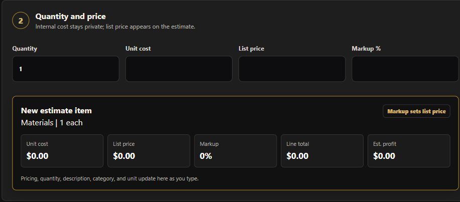 Blank Quantity and price section showing Quantity, Unit cost, List price, Markup and the live item summary.